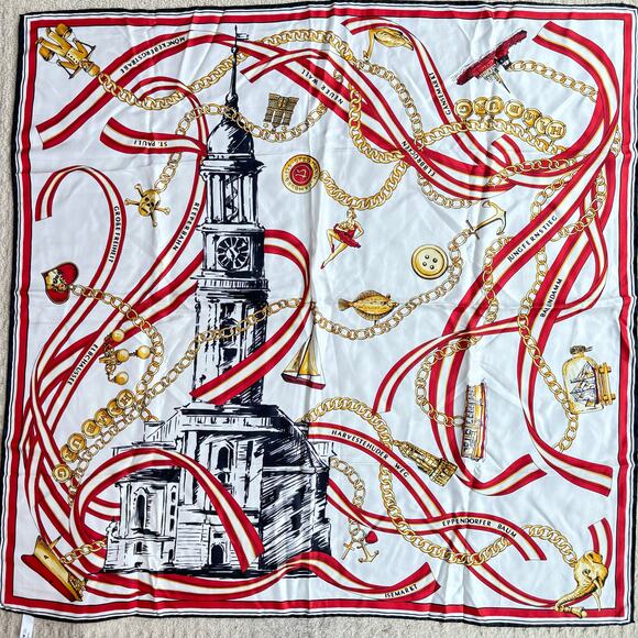 Vintage Accessories - Silk scarf tourist souvenir red black white gold chain landmarks motif Europe